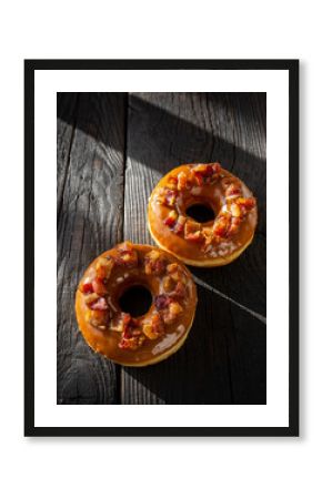 Two Apple Cinnamon Glazed Donuts on Dark Rustic Wood with Raking Sunlight
