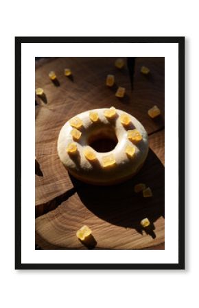 Caramel Glazed Donut with White Drizzle on Split Dark and Rustic Wood