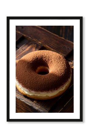 Tiramisu Style Donut Dusted with Cocoa Powder on Dark Wooden Crate
