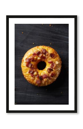 Maple Bacon Donut on Dark Wooden Surface with Crumbs