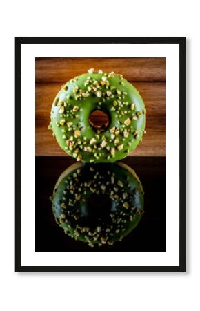 Vibrant Green Pistachio Donut with Reflection on Dark Glossy Surface