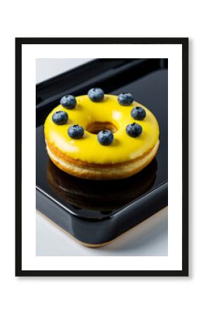 Vibrant Yellow Glazed Donut Topped with Blueberries on Black Tray