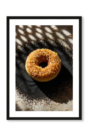 Nut Topped Donut with Geometric Shadows on Textured Dark Background
