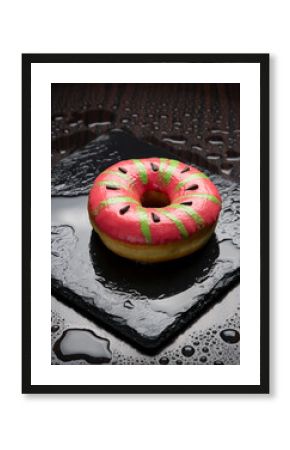 Vibrant Pink and Green Glazed Donut on Wet Black Slate with Water Droplets