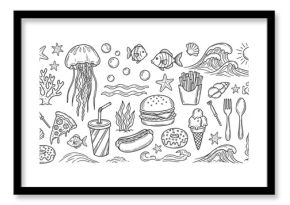 Collection of hand drawn doodle icons with sea life and fast food elements. This creative set features ocean animals like jellyfish and fish mixed with junk food like burgers and pizza