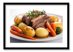 Roasted beef pot roast with carrots, potatoes, and fresh rosemary on white plate, traditional comfort food dinner with gravy sauce