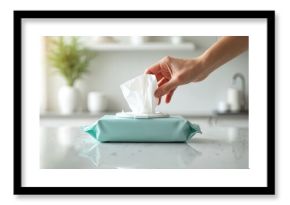 Hand takes white wipe from blue pack on kitchen counter. Clean surface reflects light. Convenience, hygiene, sanitation product for home use.