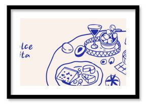 Dolce vita banner design with Italian food, snacks on table. Italy cuisine, summer holiday background with doodle-style Mediterranean kitchen, wine bottle and cheese. Hand-drawn vector illustration
