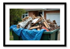 Green skip bin overflowing with construction debris. Old wooden planks concrete blocks and fabric waste fill the container. House renovation project in progress is happening in a yard.