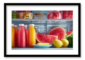 A fridge shelf holds juices, watermelons, lemons, a green bell pepper and butter, all symbols of healthy eating and a balanced lifestyle in daily nutrition