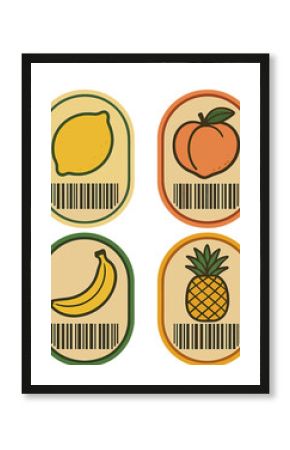 Retro fruit price tags with barcodes featuring lemon, peach, banana, and pineapple