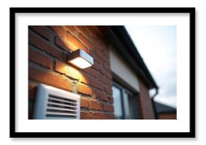 Modern led security light illuminates brick wall next to air vent. Exterior house lighting provides safety and illumination for home. Bright outdoor lamp lights up facade.