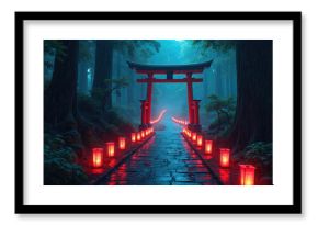 Red torii gate and glowing lanterns line a wet stone path in a foggy Japanese forest at night. Rain falls on trees surrounding the mystical illuminated walkway. Serene scene.