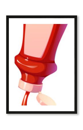 Cartoon plastic ketchup bottle with a flip top cap, turned upside down with catsup sauce pouring out. Isolated vector container with tomato condiment in cooking process. Packaging with blank label