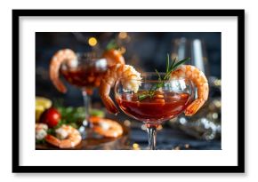 Dramatic close-up of classic shrimp cocktail served in elegant martini glasses