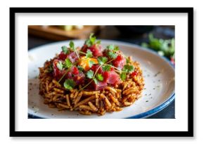 Dynamic close-up of spicy tuna tartare on crispy rice with cilantro garnish