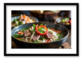 Cinematic close up of a steaming bowl of Asian noodle soup with beef and chili
