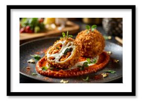 Hyper detailed close-up of deep fried kibbeh balls with red sauce