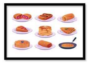 Pancakes. Dessert food with different ingredients pancakes with fruits and syrup exact vector template