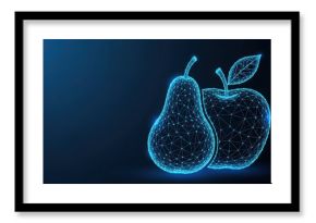 Digital wireframe pear and apple glowing on dark blue background