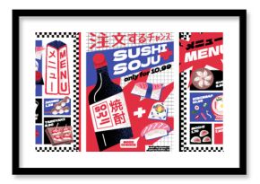 Bold Asian food poster set featuring ramen, sushi, soju, takoyaki, dumplings, character and bold modern graphics. Vibrant Japanese and Korean street food style for menu, ads, and restaurant branding. 