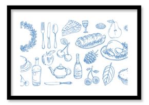 Vintage thanksgiving doodle set with seasonal food, roast turkey, fruit, drinks and festive decorations