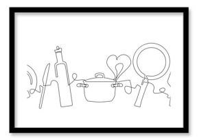 Horizontal illustration with Cooking Utensils in continuous line drawing style. Culinary isolated background. Vector design element.
