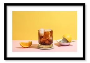 Glass of Long Island iced tea cocktail and juicer on pink table against yellow background