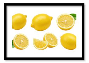 Whole and sliced lemons with seeds and green leaves on transparent background