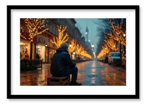 Elderly man sits alone on street bench in city against bright holiday lights. He looks sad and cold amid festive decorations, symbolizing loneliness during Christmas and social issues.