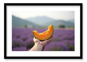 Person holds melon slice on hand. Orange melon with lavender flowers field background. Summer food. Fresh cantaloupe closeup. Tourist tastes fruit travels at Tomita farm in Furano Hokkaido Japan.