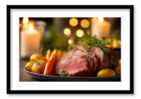 Roast beef slices with potatoes and carrots served on an elegant table surrounded by candles and holiday decor.