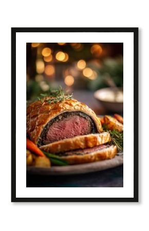 Sliced beef wellington with golden puff pastry crust is served with herbs and roasted vegetables under festive holiday lights. A rich and elegant Christmas dish.