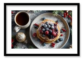 Overhead view of holiday breakfast table with pancakes topped with berries and powdered sugar beside coffee, garland and ornaments.