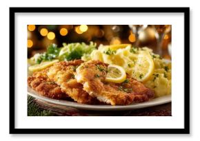 Golden crispy schnitzel served with potato salad and lemon slices rests on a festive tablecloth in warm Christmas light.