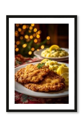 Golden crispy schnitzel served with potato salad and lemon slices rests on a festive tablecloth in warm Christmas light.