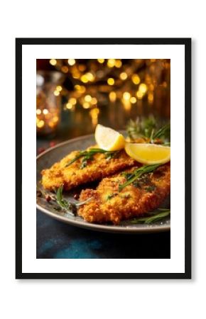 Crispy fried fish fillet with lemon and herbs rests on a festive plate with warm lights. A traditional Polish Christmas Eve dish known as fried carp.