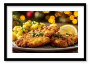 Golden crispy schnitzel served with potato salad and lemon slices rests on a festive tablecloth in warm Christmas light.