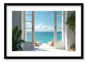 Bright interior view opens to blue ocean expanse with clear sky and fluffy clouds. Two loungers await on sunny terrace by sea. Rich green plants frame this tranquil vacation paradise.