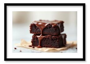 Rich chocolate brownie slices stacked with melted chocolate glaze. Moist baked squares with gooey topping, perfect dessert for any occasion. Decadent sweet treat.