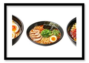 Delicious Korean ramen with boiled eggs, grilled pork, onions, and seaweed in black bowl isolated on white background