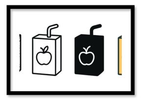 Four apple juice box vector icons presented in a set with different graphic styles, including a simple outline, a solid glyph, a doodle, and a full color cartoon version