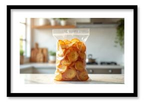 Plantain chips in transparent plastic bag stand on kitchen counter. Crispy fried golden snack food product is ready to eat. Healthy vegan or vegetarian meal. Appetizing snack.