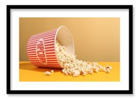 Tasty popcorn in paper cup on orange table against beige background, closeup