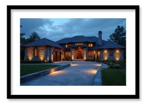 Modern stone house with landscape lighting illuminated at dusk. The elegant residence features a long driveway, manicured lawn, and architectural details.