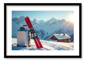 Red skis and luggage sit in snow near mountain cabin on ski resort. Goggles lie on suitcase. Sun shines. Vacation trip start preparation in winter wonderland landscape with mountain peaks.