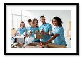 A diverse group of volunteers smiles while sorting donated food at a community charity donation center. They prepare boxes filled with essentials for those in need.