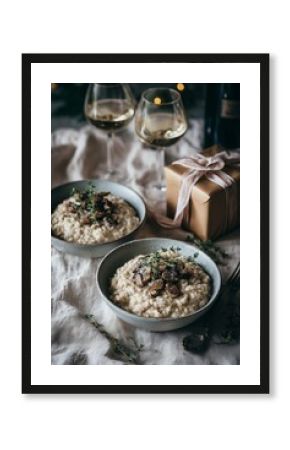 Two bowls of creamy mushroom risotto with thyme sit on a linen-covered table. Wine glasses and a satin-tied gift box create warm romantic dinner mood.