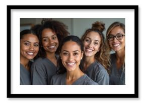 Five smiling women in grey scrubs pose together in a bright room. They are a diverse group of dental assistants happy to provide dental care and service.
