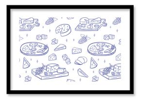 Seamless pattern with cheese platter in doodle style with various gourmet pieces. Line art illustrations, camembert, cheddar, grapes on charcuterie board on white background